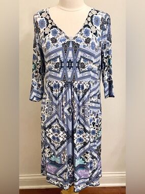 J. Jill Blue Black Floral Mosaic Print S Boho Cottagecore Everyday Casual Dress